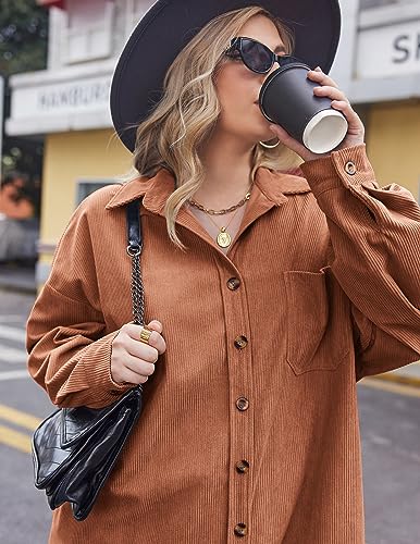 IN'VOLAND Plus Size Women Corduroy Button Up Shirts Shacket Long Sleeve Oversized Blouses Tops Casual Collared Jacket Purple