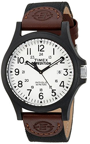 Timex Men's Expedition Acadia 40mm Watch – Black Case Black Dial with Black & Brown Leather & Fabric Strap