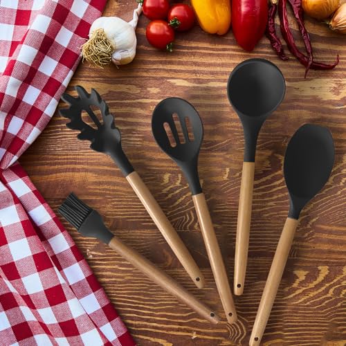 Cooking Utensils Set- 35 PCs Kitchen Utensils with Grater,Tongs, Spoon Spatula &Turner Made of Heat Resistant Food Grade Silicone and Wooden Handles Kitchen Gadgets Tools Set for Nonstick Cookware