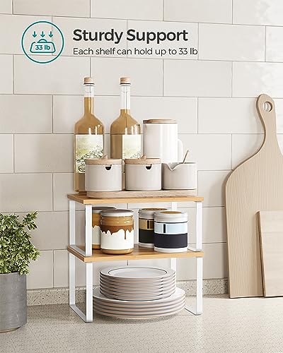 SONGMICS Cabinet Organizer Shelf, Set of 2 Kitchen Counter Shelves, Kitchen Storage, Spice Rack, Stackable, Expandable, Metal and Engineered Wood, Cloud White and Natural Beige UKCS02NW