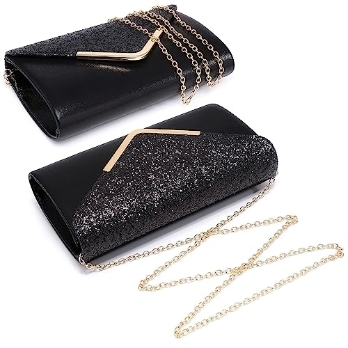 Dasein Women Evening Bags Formal Clutch Purses for Wedding Party Prom Handbags with Shoulder Strap and Glitter Flap (Black)