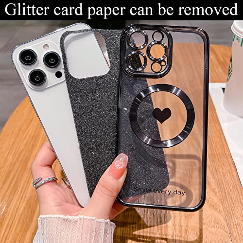 Weonmov for iPhone 13 Pro Max Case Magnetic Glitter Compatible with MagSafe, Bling Love Heart Clear Phone Case, Camera Protection Sparkly Plating Slim Soft Back Cover for Women Girls - Black