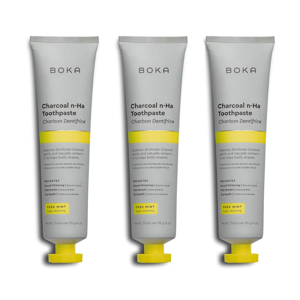 Boka Charcoal Yuzu Mint Toothpaste 3 Pack, Nano-Hydroxyapatite for Remineralizing, Sensitivity and Whitening, Fluoride-Free, Dentist Recommended for Kids & Adults, Manufactured in USA, 4oz (Pack of 3)