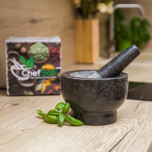 ChefSofi Mortar and Pestle Set - Black Polished Exterior - 1.5 Cup Capacity