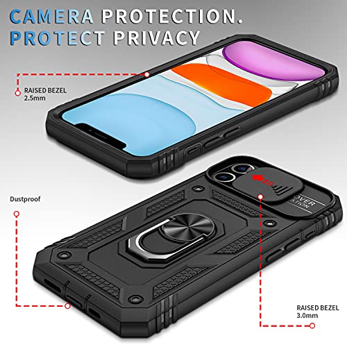 PASNEW for iPhone 11 Case with Camera Cover,Magnetic Ring Kickstand & Charge Port Dustproof,Military Full Body Rugged Shockproof Protective Hard Shell for iPhone 11,6.1 inch,Black