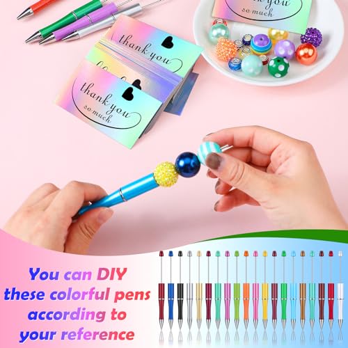 Yeaqee 150 Pieces Beadable Pens Kit 50 Pieces Colors Plastic Beaded Ballpoint Pens Bulk 50 Foil Thank You Cards with 50 Resealable Packaging Bags for School DIY Making Gift(Bright Style)
