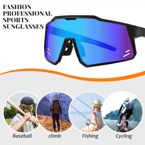 FEISEDY Sports Sunglasses Wraparound 80s Visor Men Women Outdoor Shield Baseball Sunglasses B4125 (Black Frame/Blue Mirror)