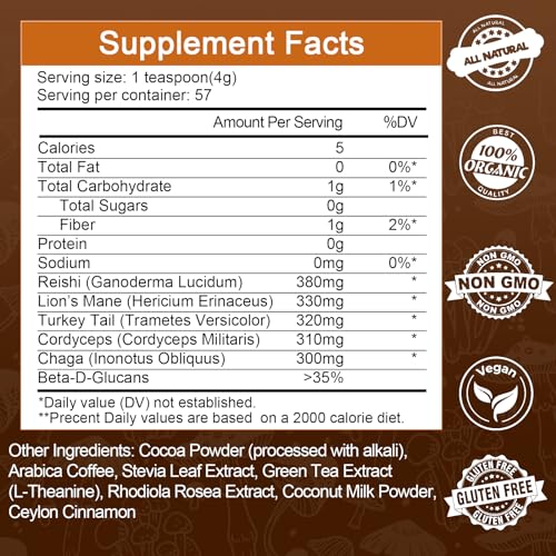 Mushroom Coffee for Smoothies/Latte, Mushroom Powder Blend (57 Servings) with Lions Mane, Reishi, Cordyceps, Turkey Tail, Chaga - Mushroom Supplement for Energy, Focus, Immune- 8 oz