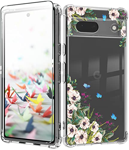 Dcwunk for Google Pixel 8 case with Screen Protector,Lens Protection for Cameras,Soft Shockproof Clear Floral Phone Protective Cover for Women,Flower Pattern Design 6.17"