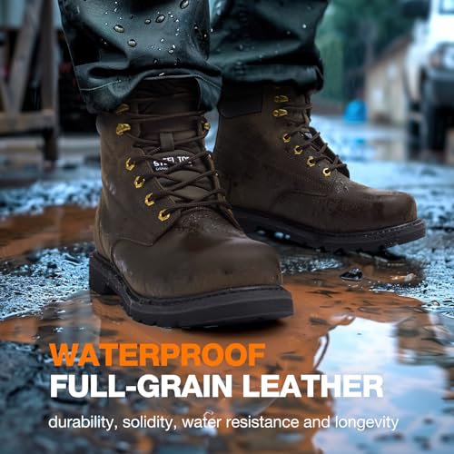 NINGO Steel Toe Work Boots for Men, Comfortable Leather Industrial & Construction Boots, Oil & Water Resistance Anti Slip Safety Boots with EH Protection, for Outdoor Factories Warehouses Farms