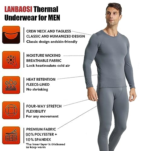 LANBAOSI Mens Thermal Underwear Set Long Johns Set with Fleece Lined Warm Base Layer Top Bottom Compression Suits Cold Gear Black