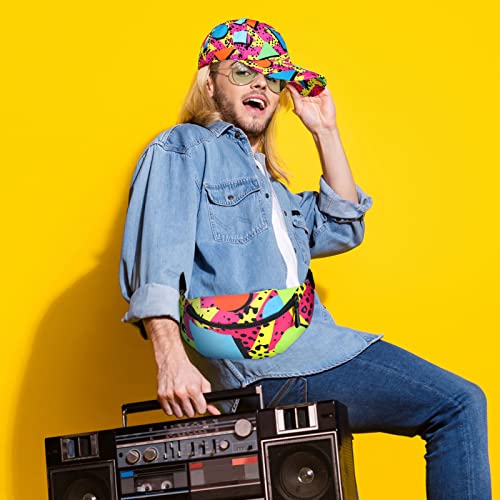 Sotiff 2 Pcs Retro 80s 90s Outfits for Women Men 80s Fanny Pack and Hat 90s Costumes Adjustable Waist Bag Bucket Hats for Themed Party(Bright Style)