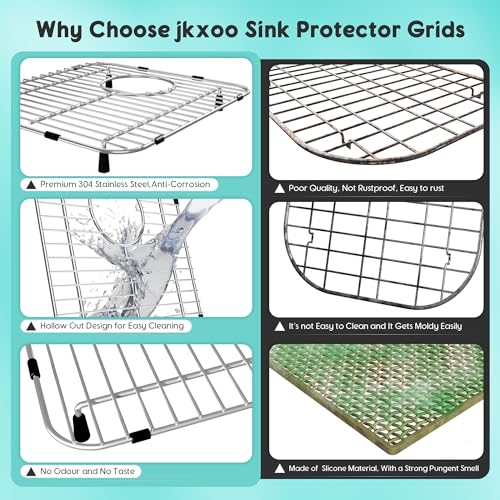 jkxoo Sink Protectors for Kitchen Sink 13.1''x11.6''x1'', 304 Stainless Steel for Kitchen Sink Grate with Rear Drain, Sink Grate Sink Rack for Bottom of Sink with Sink Strainer