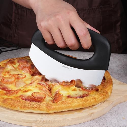 Suanyok Premium Pizza Cutter Food Chopper-Super Sharp Blade Stainless Steel Pizza Cutter Rocker Slicer with Protective Sheath Multi Function Pizza Knife Kitchen Tools,Dishwasher Safe (Black)