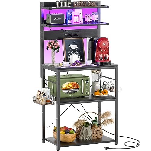 Aheaplus Bakers Rack with Power Outlet, Microwave Stand, 5 Tiers Coffee Bar Station with Led Lights, Kitchen Storage Shelf with 6 S-Shaped Hooks, Kitchen Rack for Spices, Pots and Pans, Black