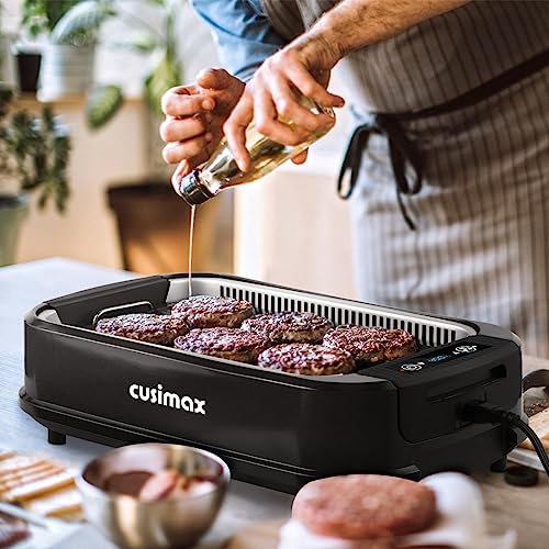 CUSIMAX Indoor Grill, Electric Smokeless Grill, 1500W Korean BBQ Grill, Electric Grill Griddle with LED Smart Display & Tempered Glass Lid, Non-stick Removable Grill Plate & Griddle Plate, Black