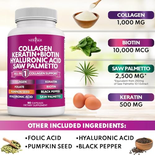 Collagen Pills 1000mg Biotin 10000mcg Keratin Saw Palmetto 2500mg Hyaluronic Acid - Hair Skin and Nails Vitamins and DHT Blocker with Vitamin E Folic Acid Pumpkin Seed MSM Made in USA - 90 Count