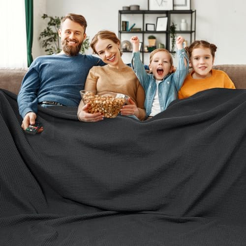 PHF 100% Cotton Waffle Weave Black Throw Blanket 50" x 60"-Lightweight Washed Soft Breathable Blanket for Adults and Kids-Perfect Blanket Layer for Couch Bed Sofa-Elegant Home Decoration