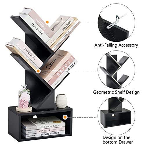 Hoctieon 3 Tier Tree Bookshelf, Small Bookcase with Drawer, Desktop Book Shelf, Display Floor Standing Storage Shelf, Book Organizer Shelves for Home Office, Black