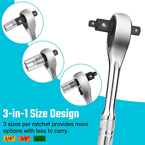 DURATECH 3-IN-1 Ratchet Handle, 1/4 ", 3/8 ", 1/2" Drive Ratchet Wrench, 72-Tooth, Reversible Switch, Full-Polished Chrome Plating, Alloy Steel