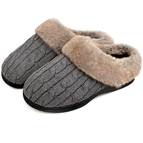 Parlovable Women's Fuzzy House Slippers Warm Soft Memory Foam Bedroom Shoes Slip on Cable Knit Rubber Sole Indoor Grey 7-8