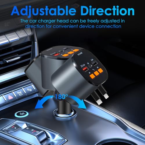 MQOUNY Retractable Car Charger,5 in 1 Fast Car Phone Charger 90W,Bluetooth 5.3 FM Transmitter Adapter,Handsfree Call Car Charger,2 Retractable Cables and USB Car Charger for iPhone 15/14/13