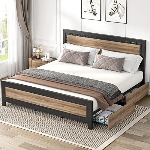 Keyluv King Bed Frame with 4 Storage Drawers, Rivet Modern Headboard and Footboard Platform Bed with Solid Wood Slats Support, No Box Spring Needed, Metal Frame Mattress Foundation Noise-Free