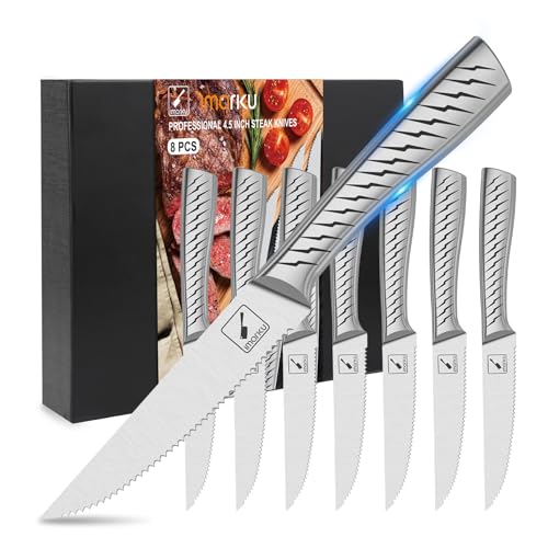 imarku Steak Knives, Serrated Steak Knives Set of 6 with Lightning Bolt Handle, Premium One Piece Steak Knife Set, High Carbon Stainless Steel Steak Knives Set for Kitchen, Dishwasher Safe