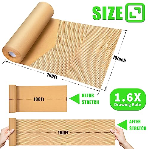 Honeycomb Packing Paper, MINHAO 15"x100' Eco Friendly Packing Paper for Moving Recyclable Honeycomb Paper Moving Supplies Bubble Paper Wrapping Protective Roll, With 36 Fragile Sticker Labels