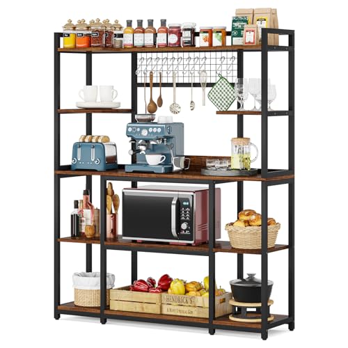 LITTLE TREE 5 Tiers Bakers Rack, 70" Kitchen Hutch Microwave Stand with 11 Hooks, 55" Extra Wide Kitchen Storage Shelf Rack, Wood Baker’s Rack with Hutch for Kitchen, Brown