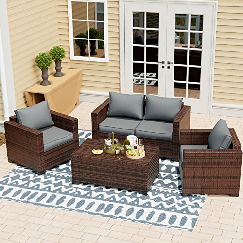 UDPATIO Patio Furniture Set with 44" Fire Pit Table, 7 Pieces Outdoor Furniture Sets, Wicker Rattan Patio Conversation Sets with Ottoman and Waterproof Covers for Porch Deck Backyard, Khaki