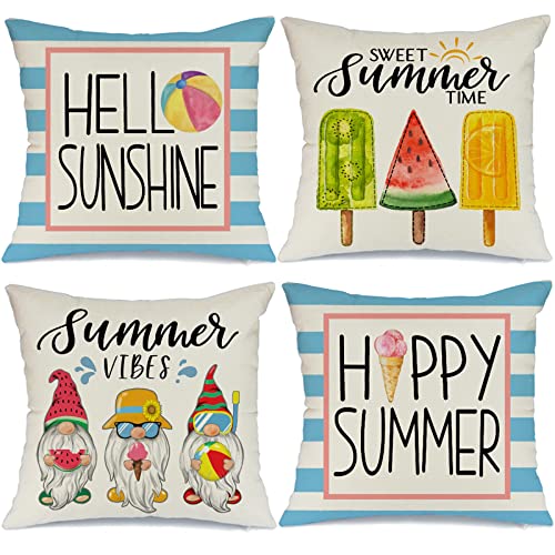 GEEORY Summer Pillow Covers 20x20 Inch Set of 4 Gnomes Popsicle Ice Cream Hello Sweet Summer Vibes Pillows Decorative Throw Pillows Summer Decorations Farmhouse Decor Cushion Case for Sofa Couch