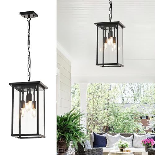 lighceac 10" Modern 4-Light Exterior Black Square Lantern Pendant Light Fixture with Clear Glass Industrial Hanging Cage Chandelier for Outdoor Porch Kitchen Island Dining Room Hallway Entryway Foyer