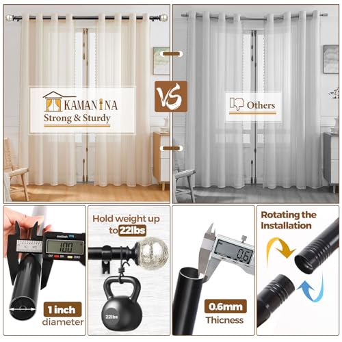 KAMANINA 1 Inch Curtain Rod 32 to 58 Inches (2.6-4.8ft), Black Curtain Rods for Windows, Single Drapery Rods with Crackle Glass Finials