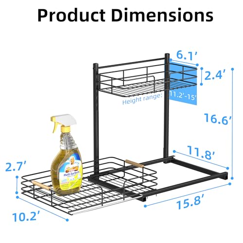 Delamu Metal Under Sink Organizer, 10.7" Width Pull Out Cabinet Organizer, 2 Tier Slide Out Under Sink Storage Shelf, Undersink Organizers Shelves for Kitchen Bathroom Pantry