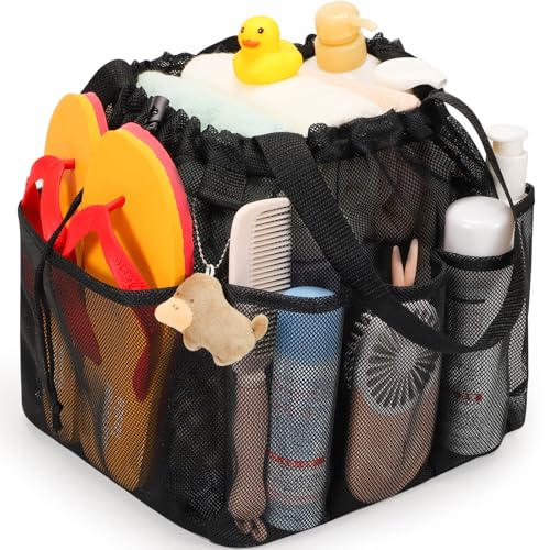 famichan Mesh Shower Caddy Portable with Drawstring, Dorm Room Essentials for College Students boy & girl, Larger Shower Bag for Camping,Swimming,Gym,Travel,Bathroom - Black