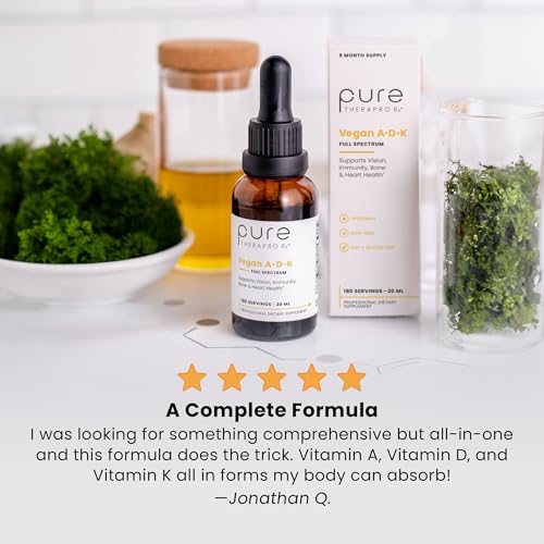 Pure TheraPro Rx Vegan A-D-K Drops - 3 Month Supply - Vitamin A (Palmitate & Betacarotene), Liposomal Vitamin D3 (Pureshine), Liposomal Vitamin K2 (MK-4 & MK-7) Supports Immunity & Bone Health - 10 mL