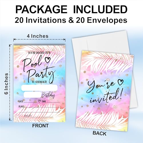 Pool Party Invitations For Birthday Party - Tie Dye & Palm - 20 Double-Sided Fill In Birthday Invite Cards With Envelopes For Kids Or Teens, Boys & Girls, Party Favor & Decorations - C03