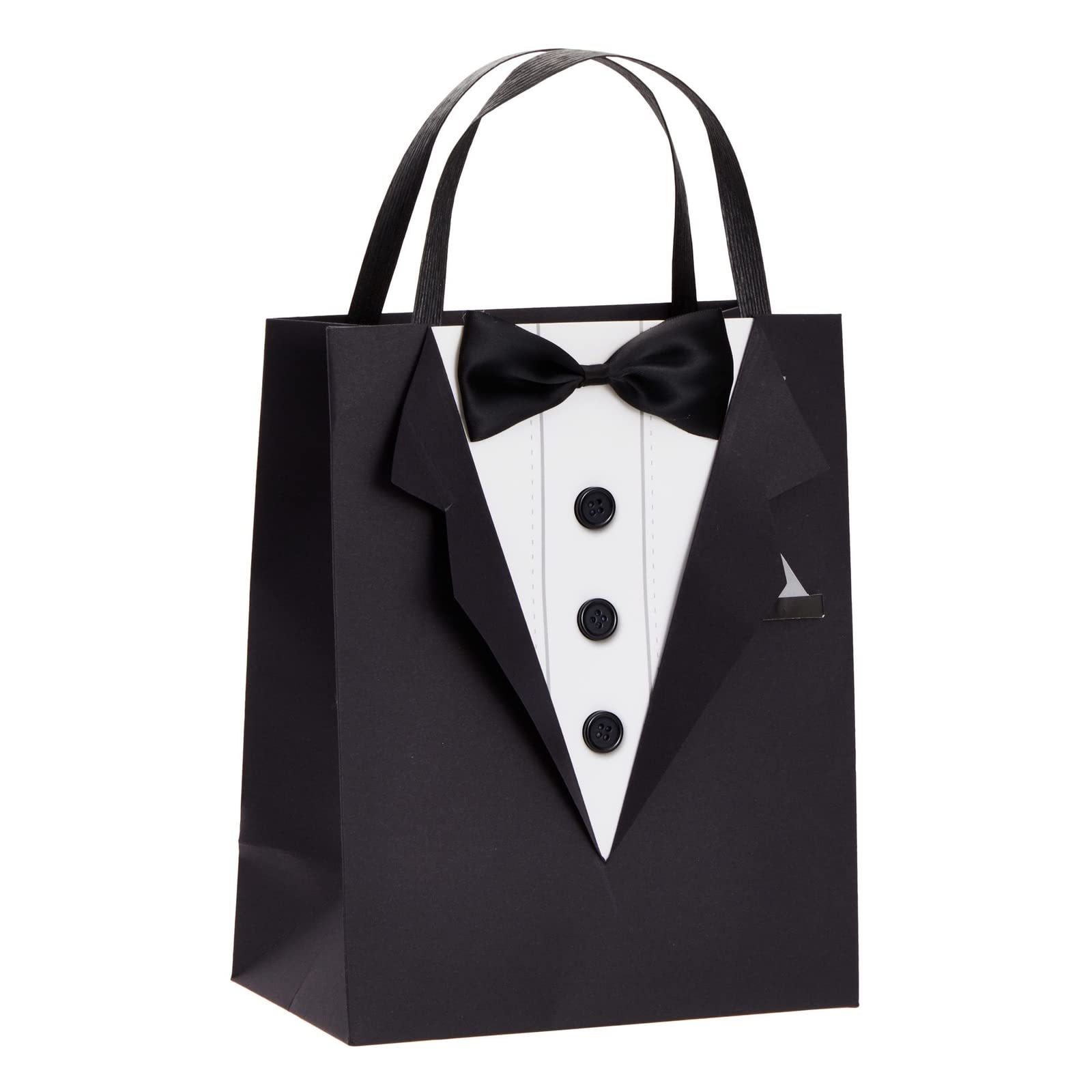 6 Pack Gift Bags with 3D Tuxedo Design, Satin Bow Tie, Real Buttons for Wedding Groomsmen Gifts for Bachelor Birthday, Bachelor Party Gift Favors Celebration (Black, 8 x 4.5 x 10 Inches)