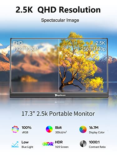 2.5K Portable Monitor, 17.3" QHD IPS Laptop Monitor, Dual USB C HDMI Second Computer Screen, VESA Gaming Display with 2 Speakers, Travel Monitor for Macbook Phone PS4/5 PC Phone Xbox Switch