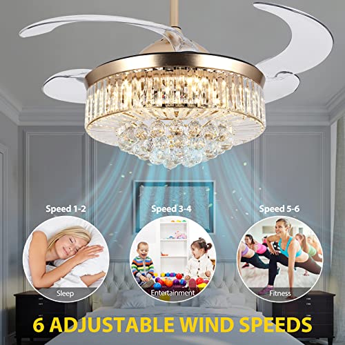 wuyule 42 Inches Crystal Ceiling Fan Golden Modern Crystal Chandelier Ceiling Fan with Lights and Remote, Invisible Fandelier LED Light kit with Retractable Blades for Indoor Living Room Bedroom