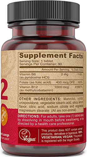 DEVA Vegan Vitamin B12 Fast Dissolve Supplement - Once-Per-Day Complex with 1000 Mcg Methylcobalamin B12, Folic Acid, B6 - Lemon Flavor - 90 Dissolvable Tablets,