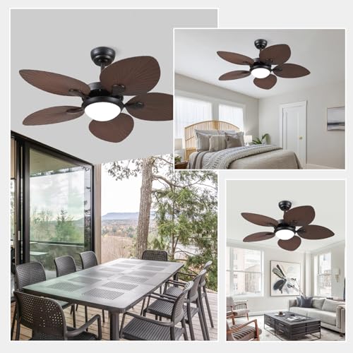 Wiviniya Tropical Ceiling Fans with Lights, 44 Inch Indoor Outdoor Palm Leaf Ceiling Fan for Patios Porch Bedroom, Remote/APP Control, Dimmable, 6 Speeds, Reversible, Brown