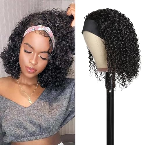 Headband Wig Human Hair Deep Wave Half Wigs Glueless None Lace Front Wigs with Headband Attached Brazilian Human Hair Headband Wigs Glueless Curly Hair for Black Women(30 Inch, Chocolate Brown)