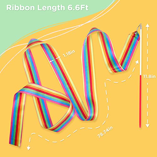 HiUnicorn 2PCS Rainbow Party Favors - Dance Ribbons for Kids Circus Carnival Rhythmic Gymnastics Birthday Party Decoration Supplies, Ribbon Baton Twirling Sticks Silks Streamers Wands for Girls