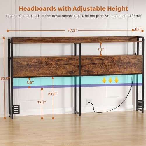 Aheaplus Headboard for Twin Size Bed Frame, Headboards with Outlets, USB Ports and LED Light, Head Board with Storage, Height Adjustable, Sturdy and Stable Headboard, Twin Size, Black Oak