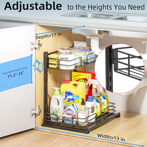 Delamu Metal Under Sink Organizer, 10.7" Width Pull Out Cabinet Organizer, 2 Tier Slide Out Under Sink Storage Shelf, Undersink Organizers Shelves for Kitchen Bathroom Pantry