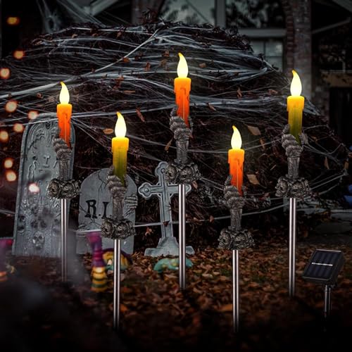 Halloween Pathway Lights, 5 Pack Candle Skull Hand Candle Holder, LED Halloween Decor Candle Lights Solar Powered, Indoor and Outdoor Party Home Garden Porch Halloween Decoration (Dark Black-1x5 Pack)