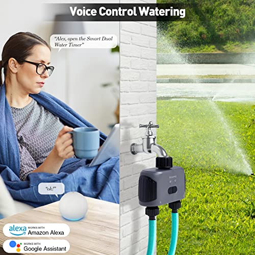 Insoma WiFi Water Timer, Smart Hose Timer for Garden Faucet, Sprinkler Timer with WiFi Hub, Up to 20 Watering Plans, APP Control, Work with Alexa and Google Assistant, 2 Outlets