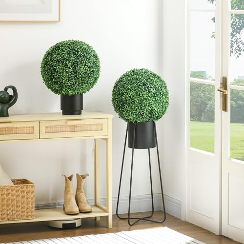 HOMCOM Set of 2 15.75 Inch Artificial Ball Boxwood Topiary Trees Balls, Indoor Outdoor Fake Plants for Home, Office & Living Room Decor